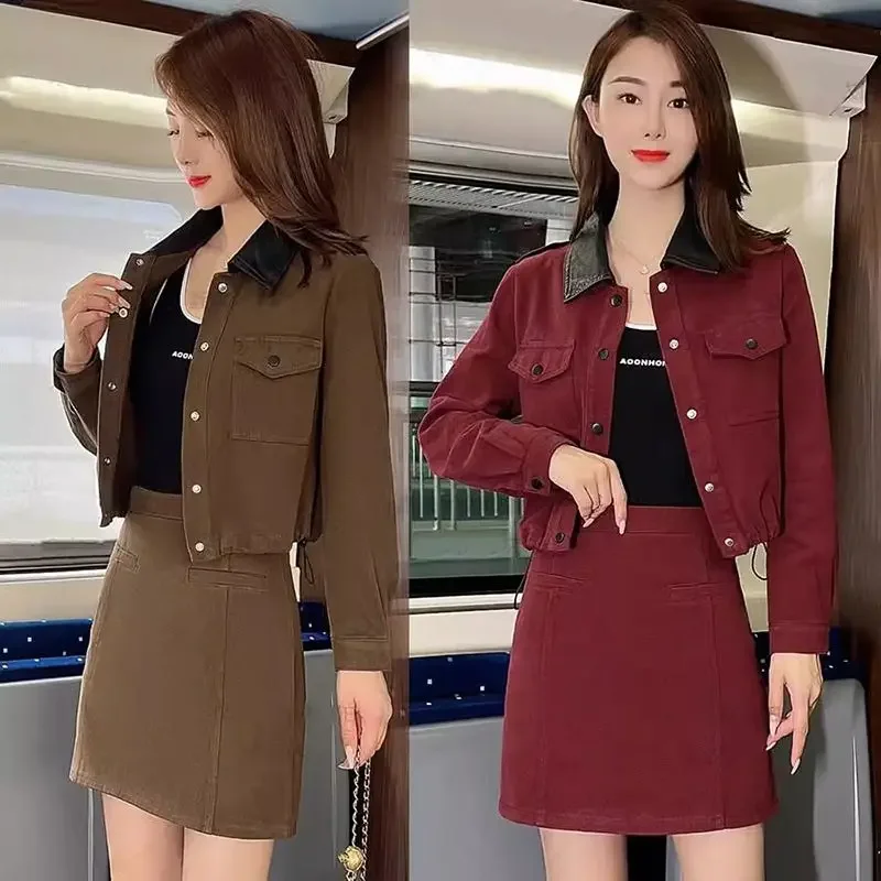 Insozkdg Trendy Red Women Set Fashionable Youthful Blouse Coat + Short Skirt 2 Piece Sets Spring Autumn 2024 Office Lady Female