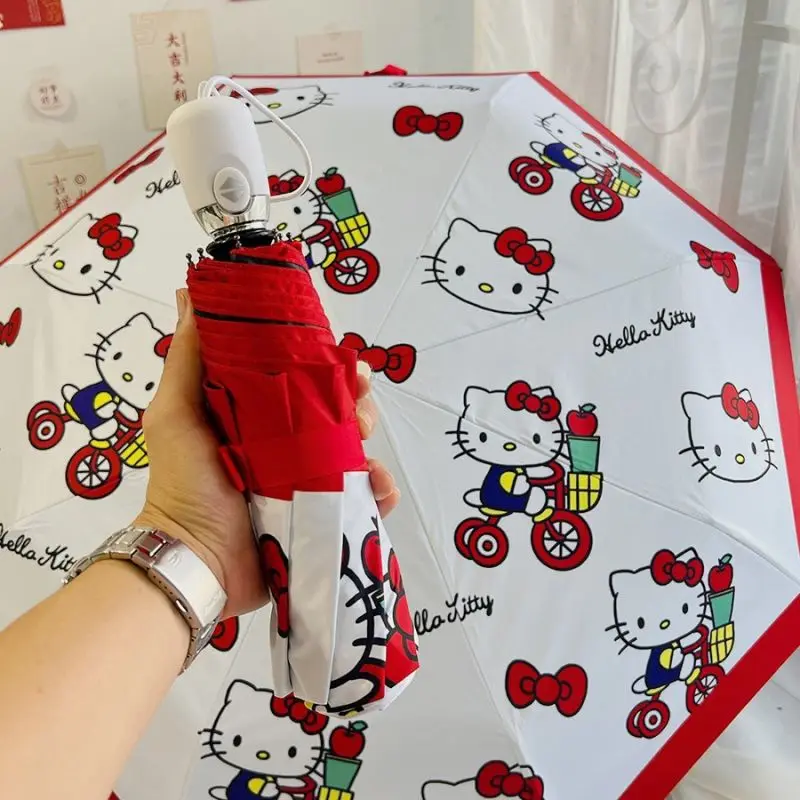 Girl's Heart Sanrio Automatic Sunparachute Hello Kitty Sun Umbrella Umbrella Folding Vinyl Sun Protection Uv Protection