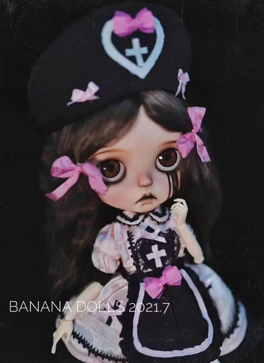 3pcs dark gothic style Blythe silk cos nurse Hat, eye mask, dress(Fit for azone,Pullip,Ob22,24,26, Licca)