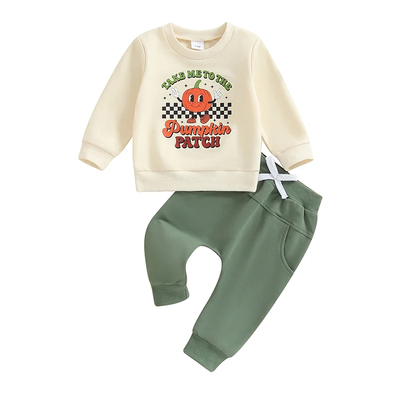 

Toddler Baby Boy Halloween Outfit Pumpkin Letter Print Long Sleeve Sweatshirt Jogger Pants 2Pcs Fall Clothes Set