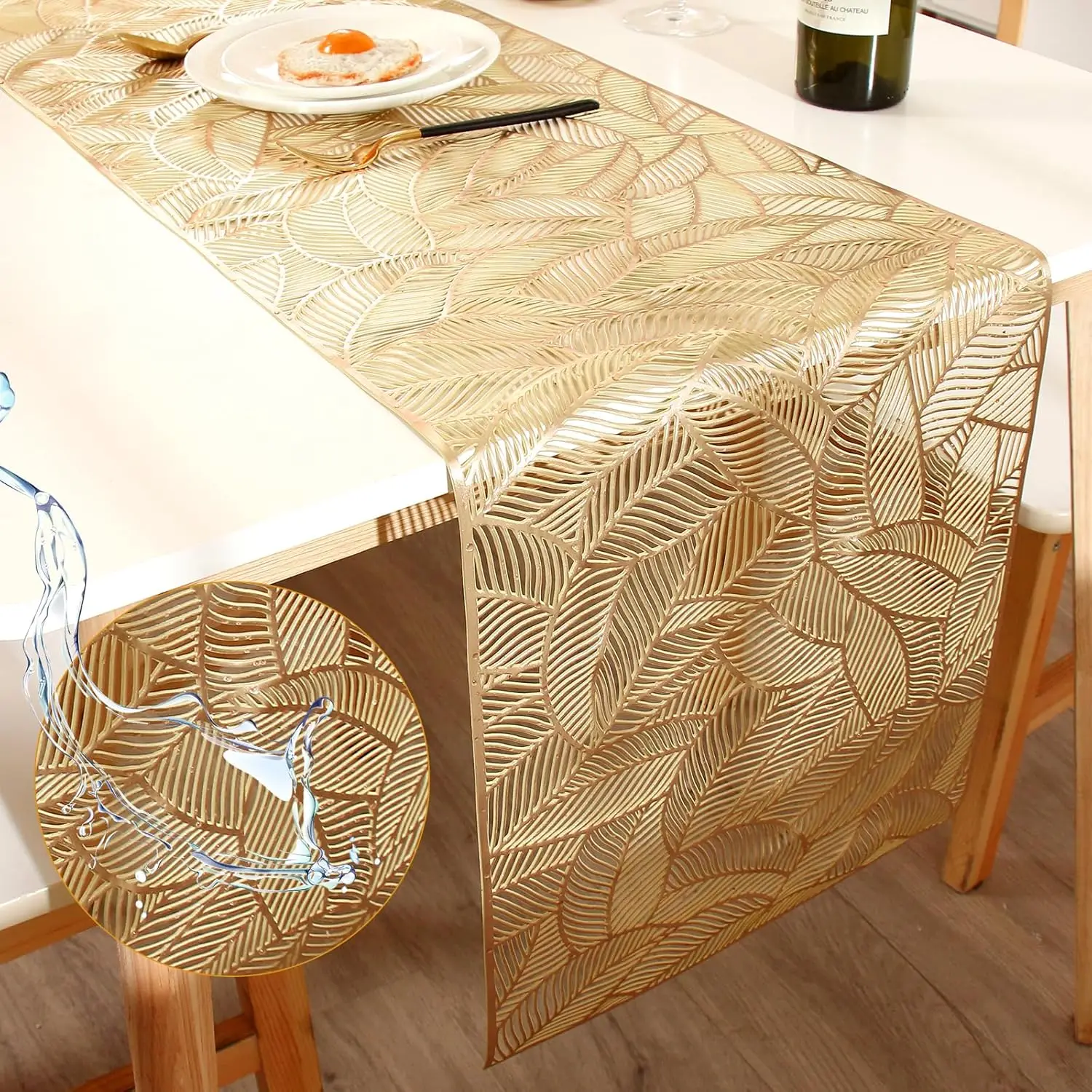 FAVE Gold Table Runners 72 Inches Long Heat Resistant Table Runner Hollowed-Out Vinyl Table Runner Waterproof and Washable