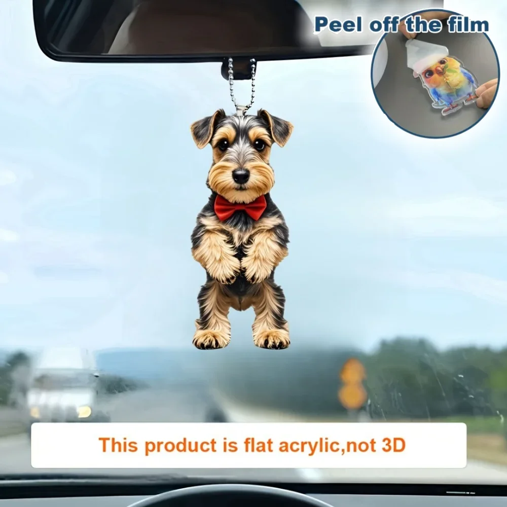 Cute Schnauzer-Patterned Pendant Keychain,Dog with Bow Tie 2D Flat Acrylic Hanging Charm,Decor for Car,Bags,Festive,Party,Gift