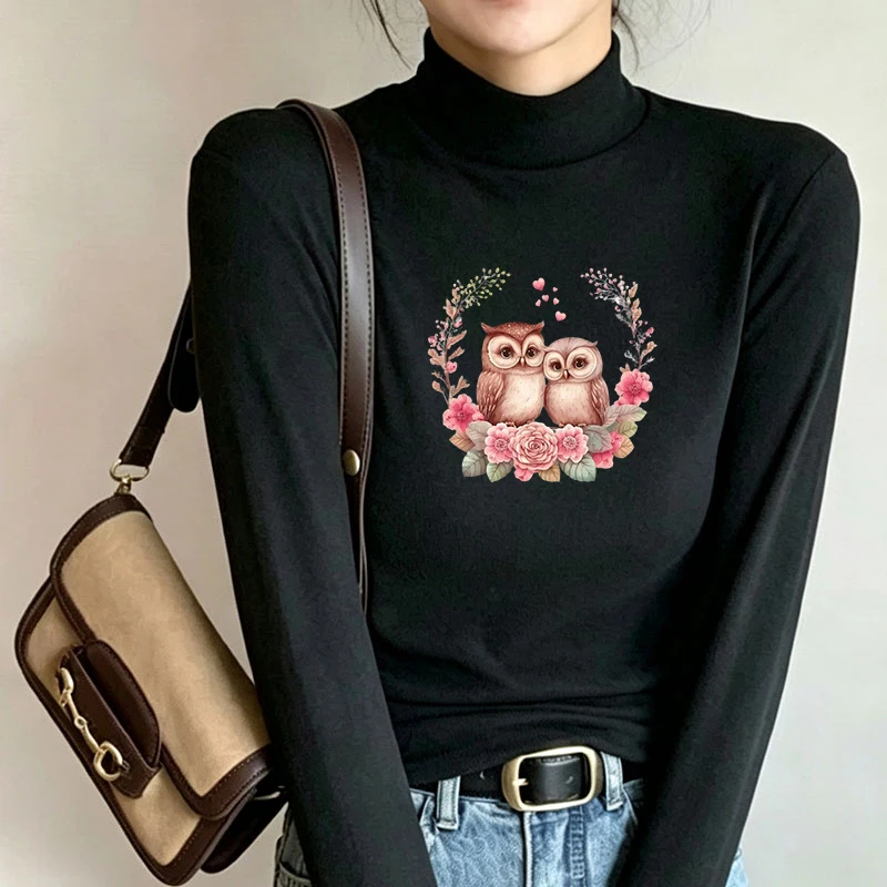 Winter Women's Thermal Brushed Fleece Half Mock Neck Long Sleeve T Shirt Cute Owls Floral Wreath Graphic Warm Tee