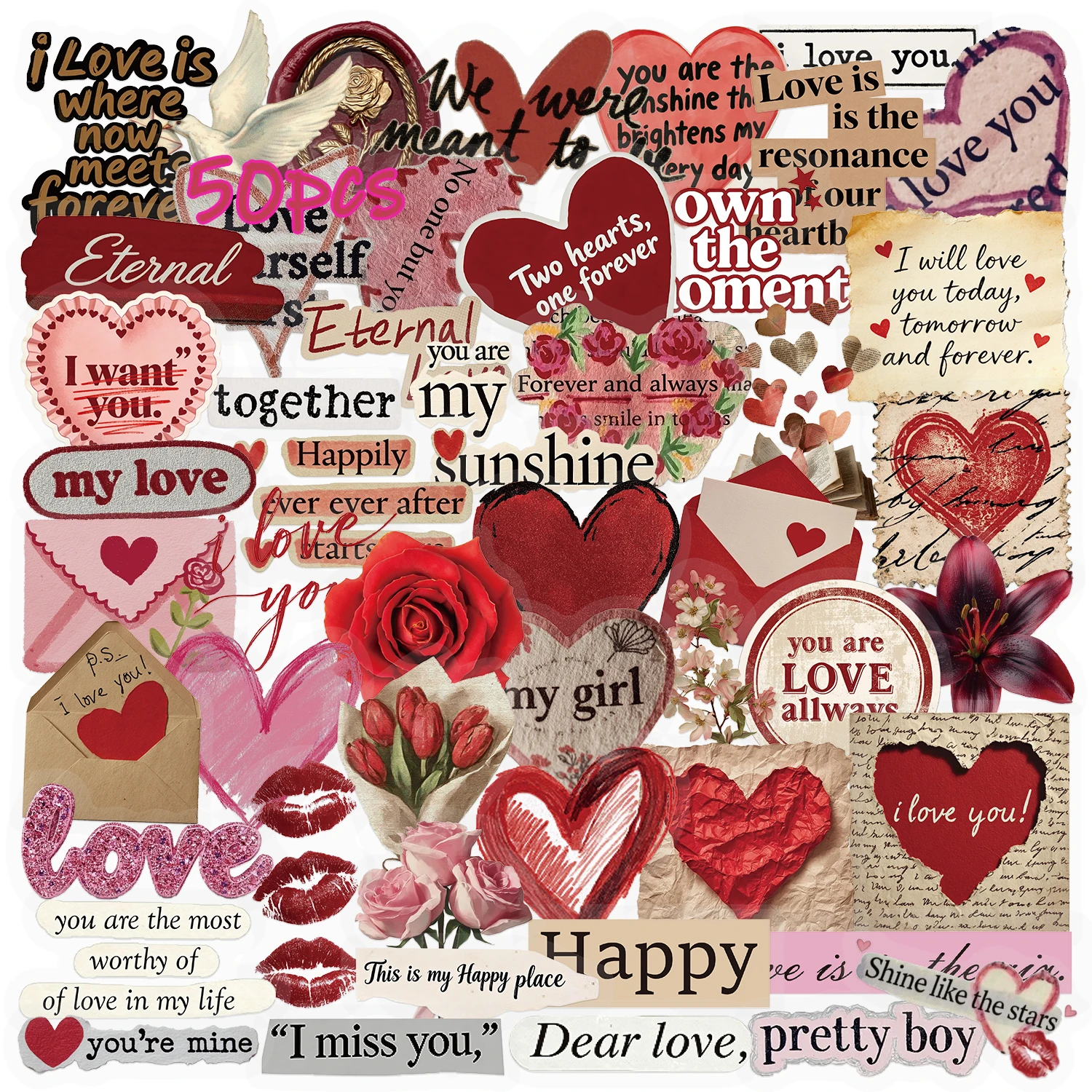 50Pcs Eco-friendly Vintage Love Heart Rose Stickers, Recyclable Valentine Decals for Scrapbook DIY Craft