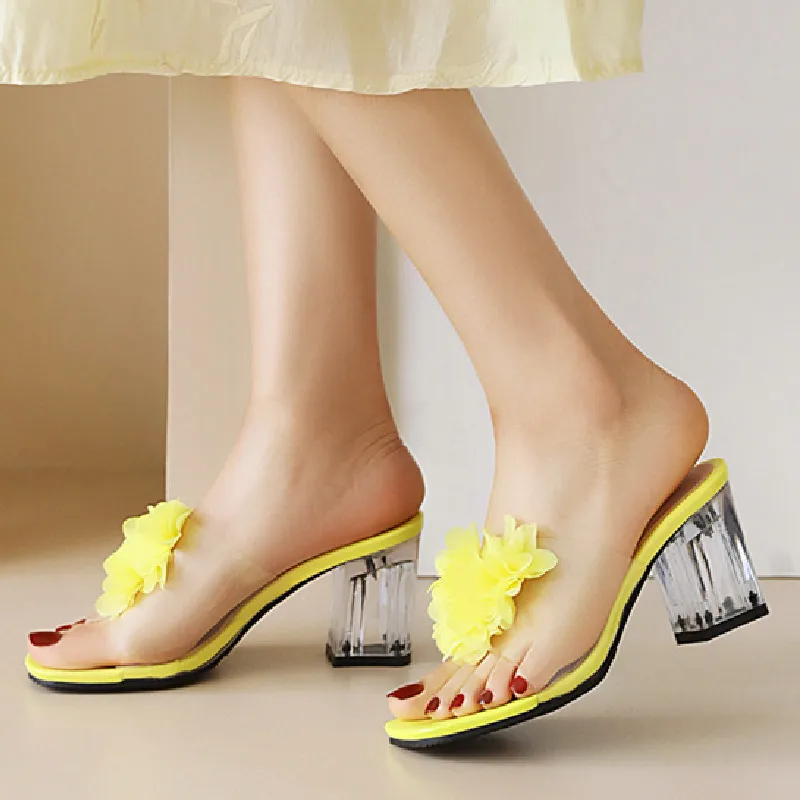 

Clear Heels Women's Slippers Sweet Bowtied Summer Shoes PVC Transparent Sandals Women Yellow White Party Shoes Large Size 48