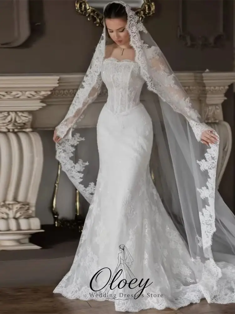 OLOEY Customized Glamorous Square Collar Long Sleeve Bridal Gown Lace Mermaid Wedding Dresses For Woman Vestidos De Novia