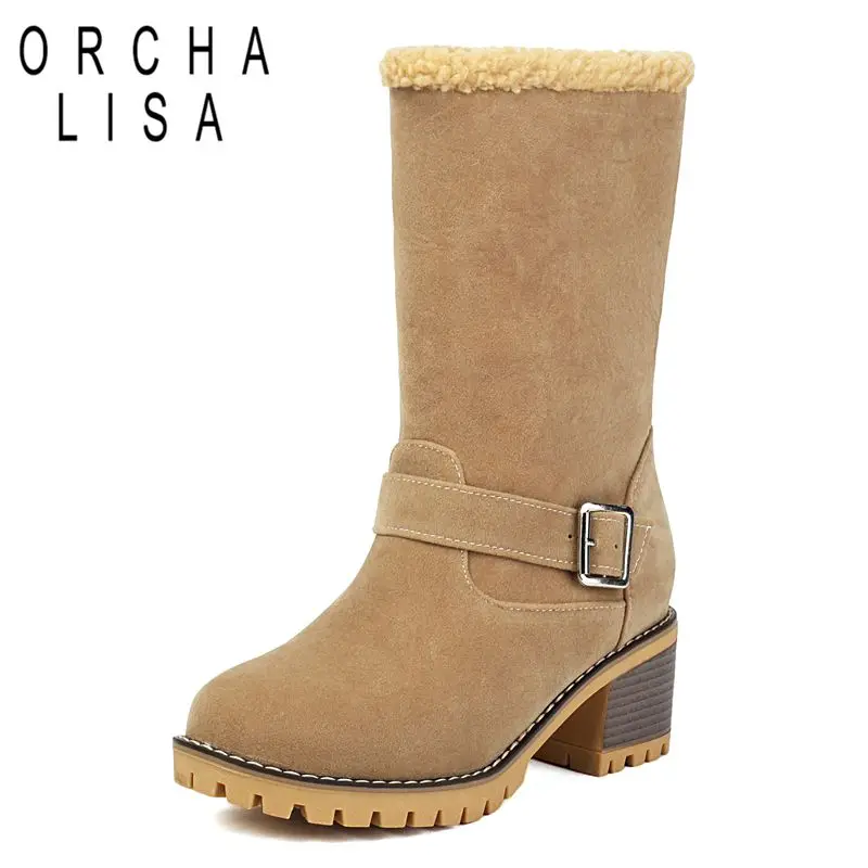 

ORCHA LISA 2025 Double Female Mid Calf Boots Round Toe Block Heels 5.5cm Slip On Belt Buckle 41 42 43 Leisure Daily Booties