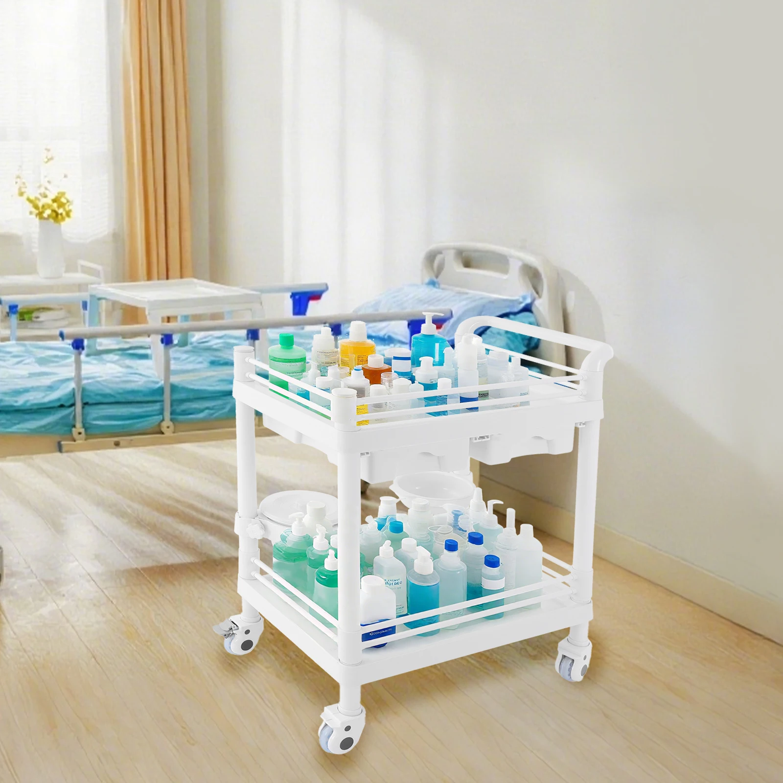 2 Tiers Medical Cart Mobile Trolley Cart Laboratory Trolley 90kg Load-Bearing Capacity for Hospitals/Beauty Salons/Offices