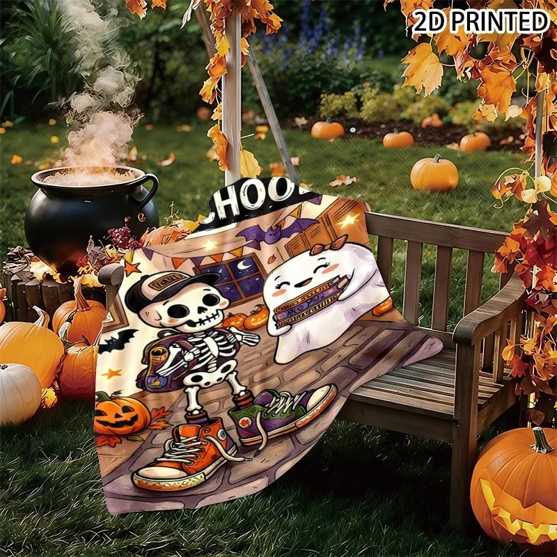 Playful Halloween Cartoon Print Throw Blanket, Spooky Whimsical Pattern with Skeleton, Ghost, Pumpkins & Autumn Decor Elements,