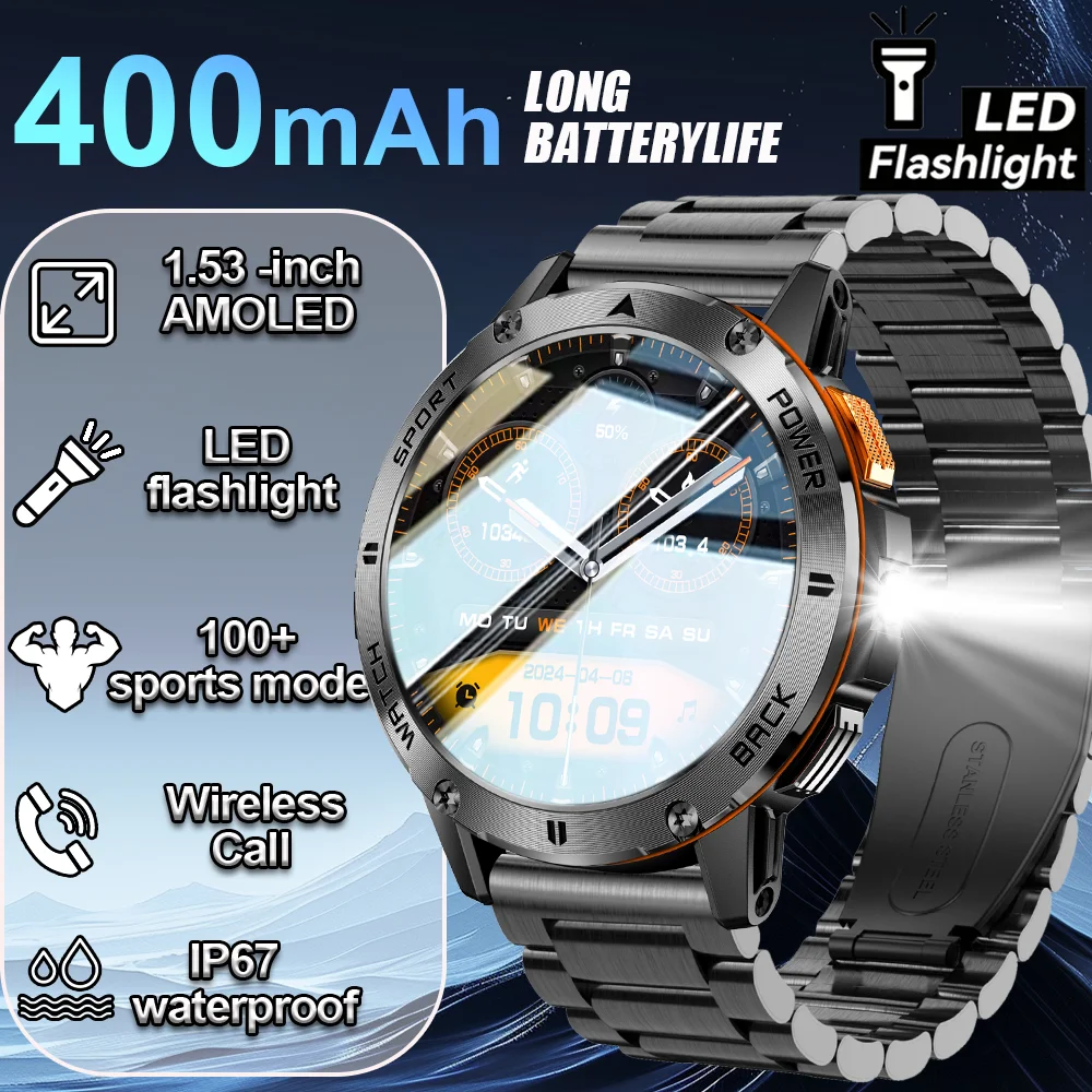

Новинка 2025 года, мужские спортивные часы, 1,53-дюймовый IPS-экран, 400 мАч, IP68, водонепроницаемые, Bluetooth, мониторинг сердечного ритма, умные часы, подарок