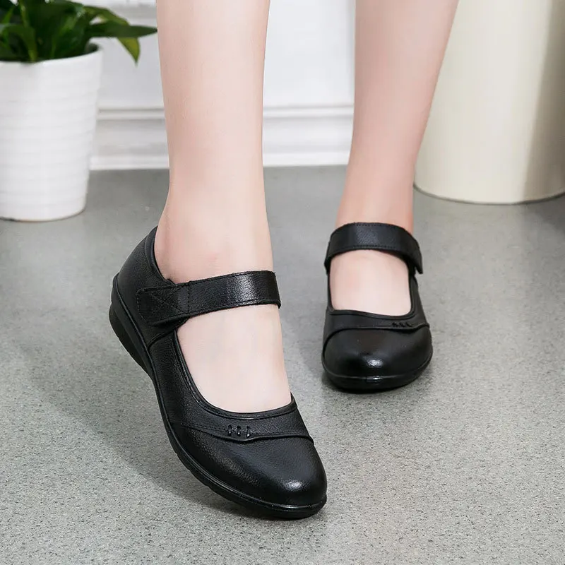New Spring Autumn Women Flats Pure Black Genuine Leather Shoes Brand Elegant Ladies Mary Jane Mother Shoes Plus Size 41 DX538