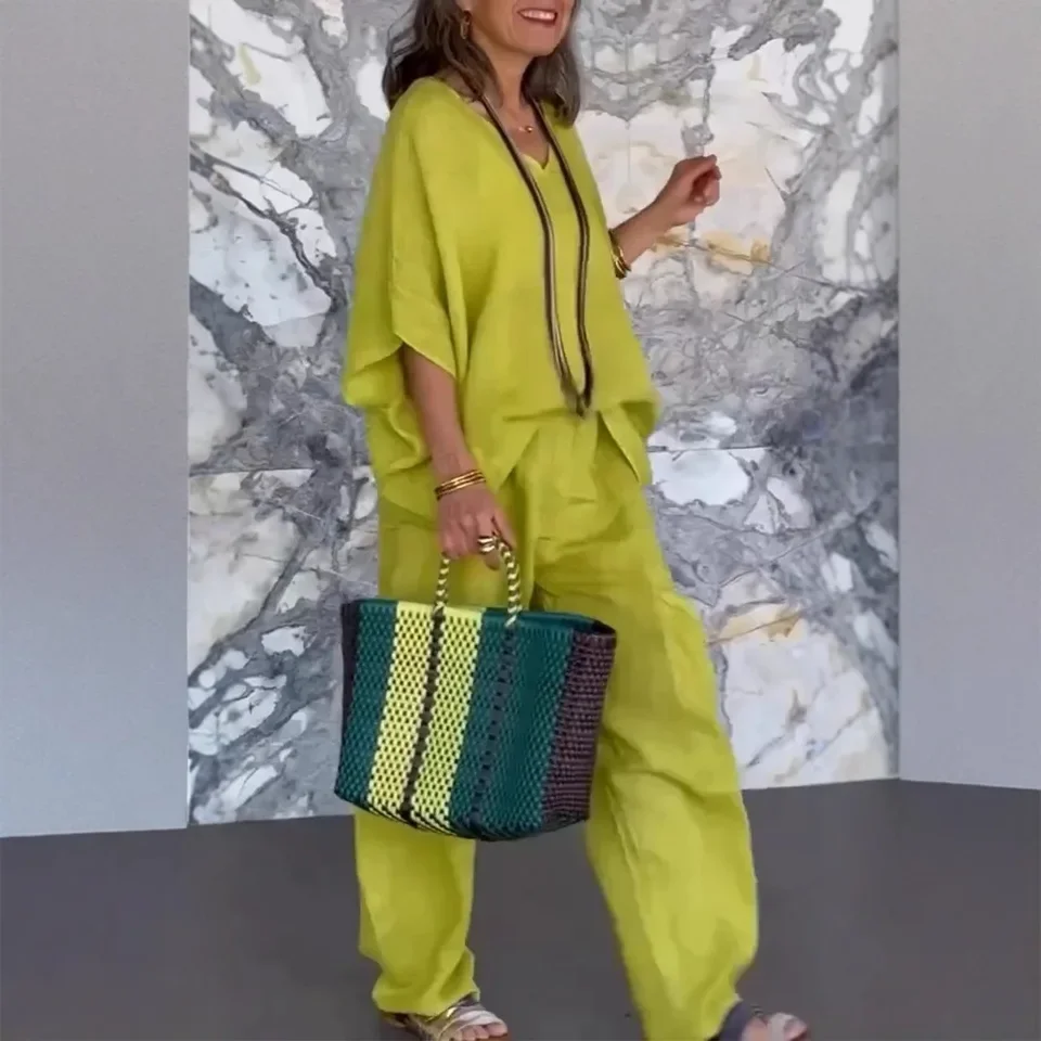 Set Pakaian Wanita Musim Semi Panas 2025, Warna Solid Katun Linen, Atasan Lengan Kelelawar Kerah V, Celana Kaki Lebar, Kasual Longgar, Set 2 Potong