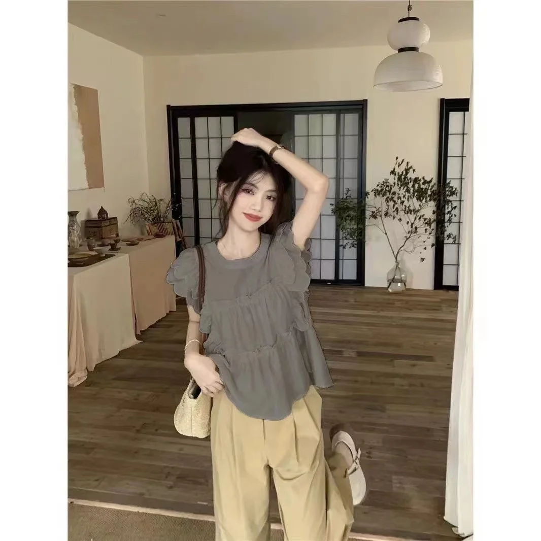 Sweet Doll Sle Loose Fit ronde ne blouse dames zomerirt met fly-sve ort-sve-top voor jonge professionals