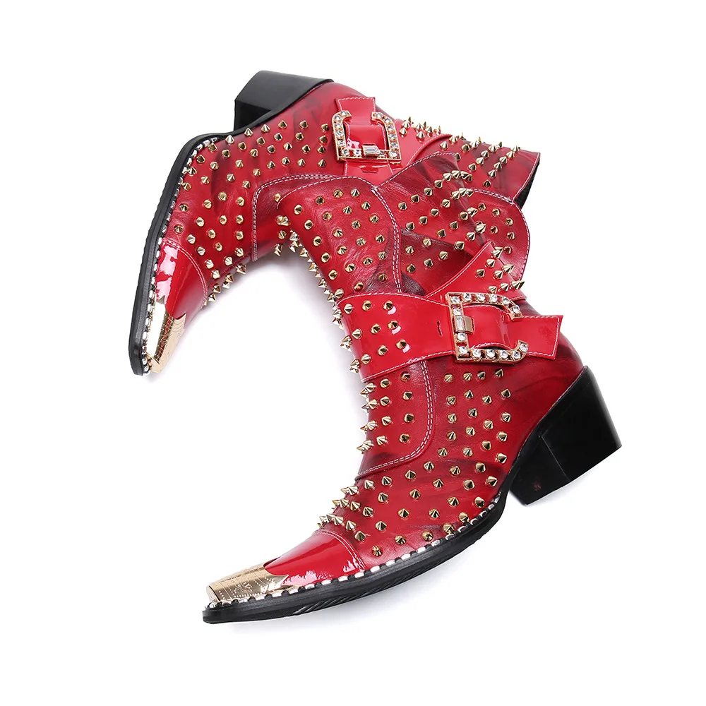 Genuine Leather British Style Punk Rivet Knight Boots Top-grain Leather Men Metal Pointed Toe Thick Heel Motorcycle Ankle Boots view 5