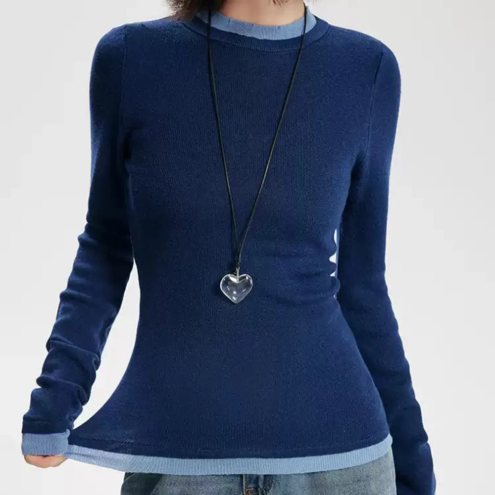 

Fake Two-piece Contrast Color Knitted Bottoming Shirt for Women Autumn and Winter 2024 New Style Straight Shoulder Slim Fit Tops