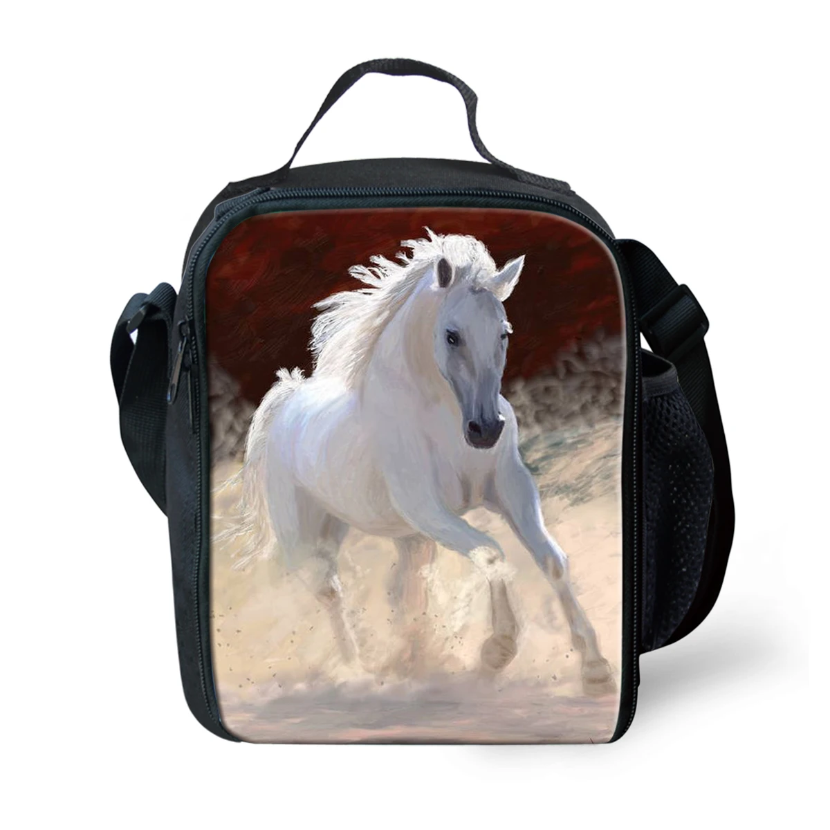 

Hip Hop Crossbody Fire Crazy Horse Lunchbox Thermal insulation Food Lunch Bag 3D Printed Picnic Insulated Handbags Ice Bags