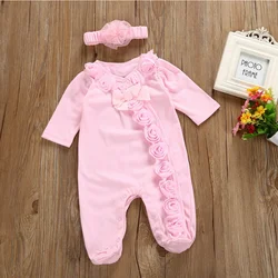 Spring Newborn Baby Girl Clothes 2pcs Long Sleeve Lace Romper & Headband Set Cotton Flower Footies Newborn Baby Girl Gift