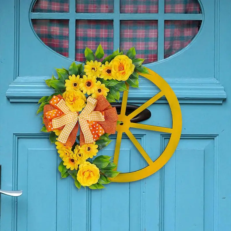 Spring Door Wreaths Wheel Wreaths For Front Door Yellow Flower Outdoor Spring Decorative Bow Faux Green Plants