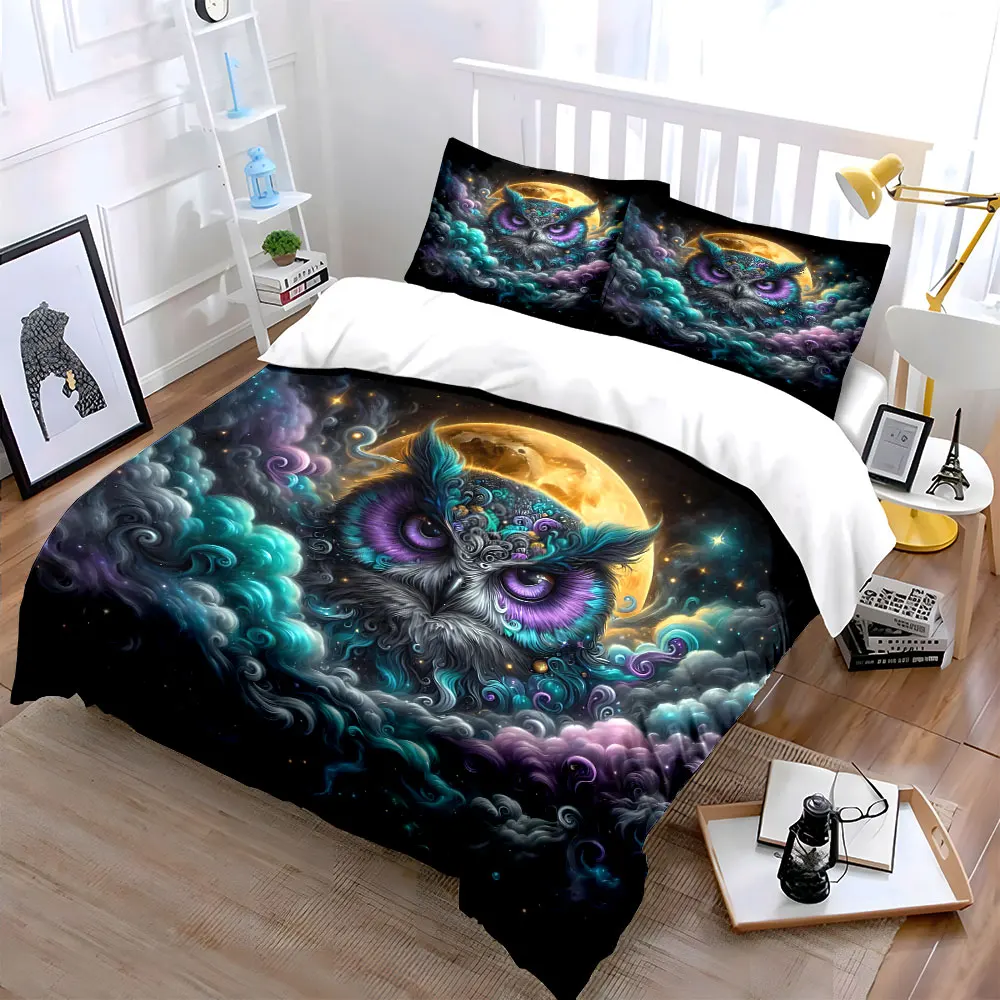Mystical Owl Artwork Set Bedding Set with 1 Duvet Cover 2 Pillowcases Single Double King Queen, Gift
