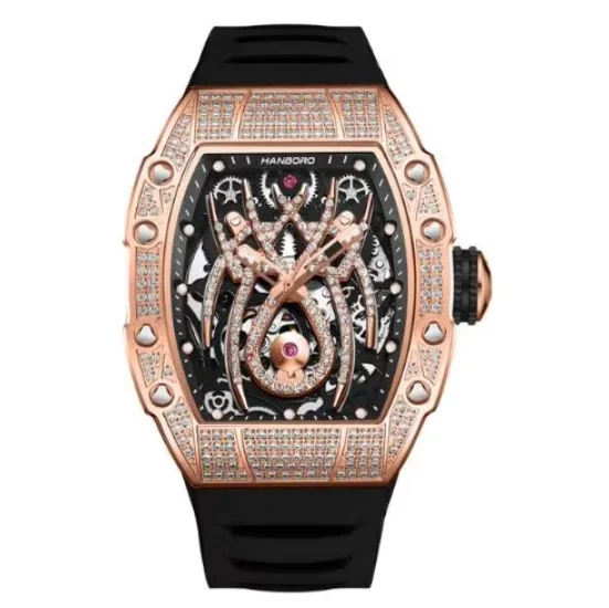 HANBORO Men Automatic Watch Tonneau Mechanical Wristwatch Sapphire Mirror Luminous Skeleton Spider Dial Waterproof Miyota Mov