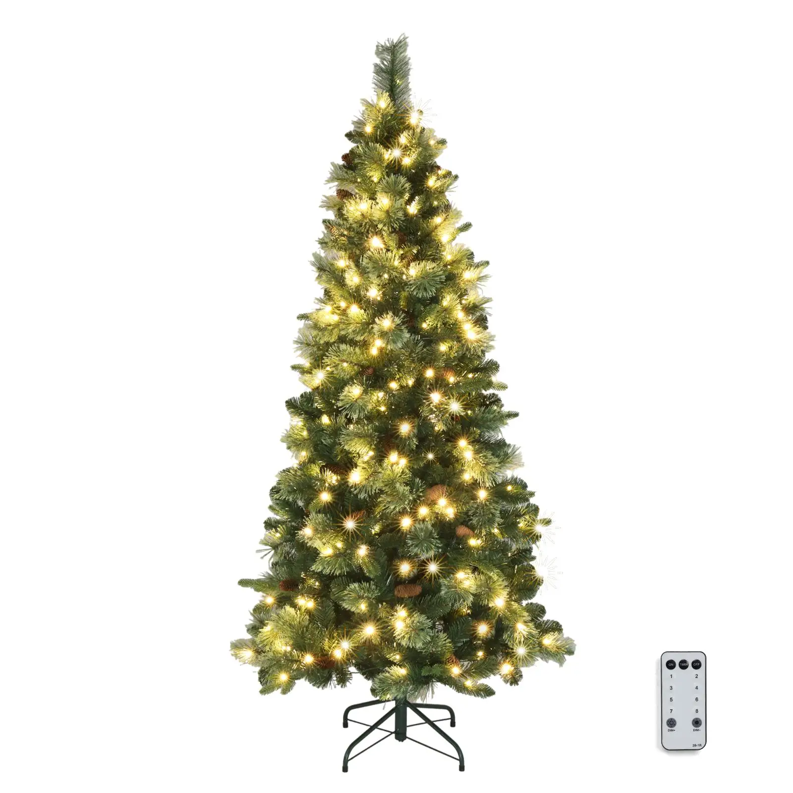 6ft Green Pencil Christmas Tree with 300 Warm Lights, 9 Modes, Remote Control, 600 Branches - PE PVC Material