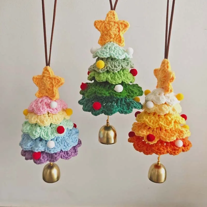 Handmade Crochet Christmas Tree Ornament with Bell Star Knitted Pendant Car Hanging Decor Rainbow Color Party Decoration Gift