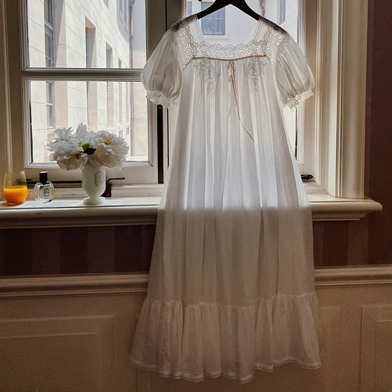 French Style Classical Loose Nightgown Summer Short Sleeves 100% Cotton Nightdress Princess Vintage Lace Square Collar Nightie