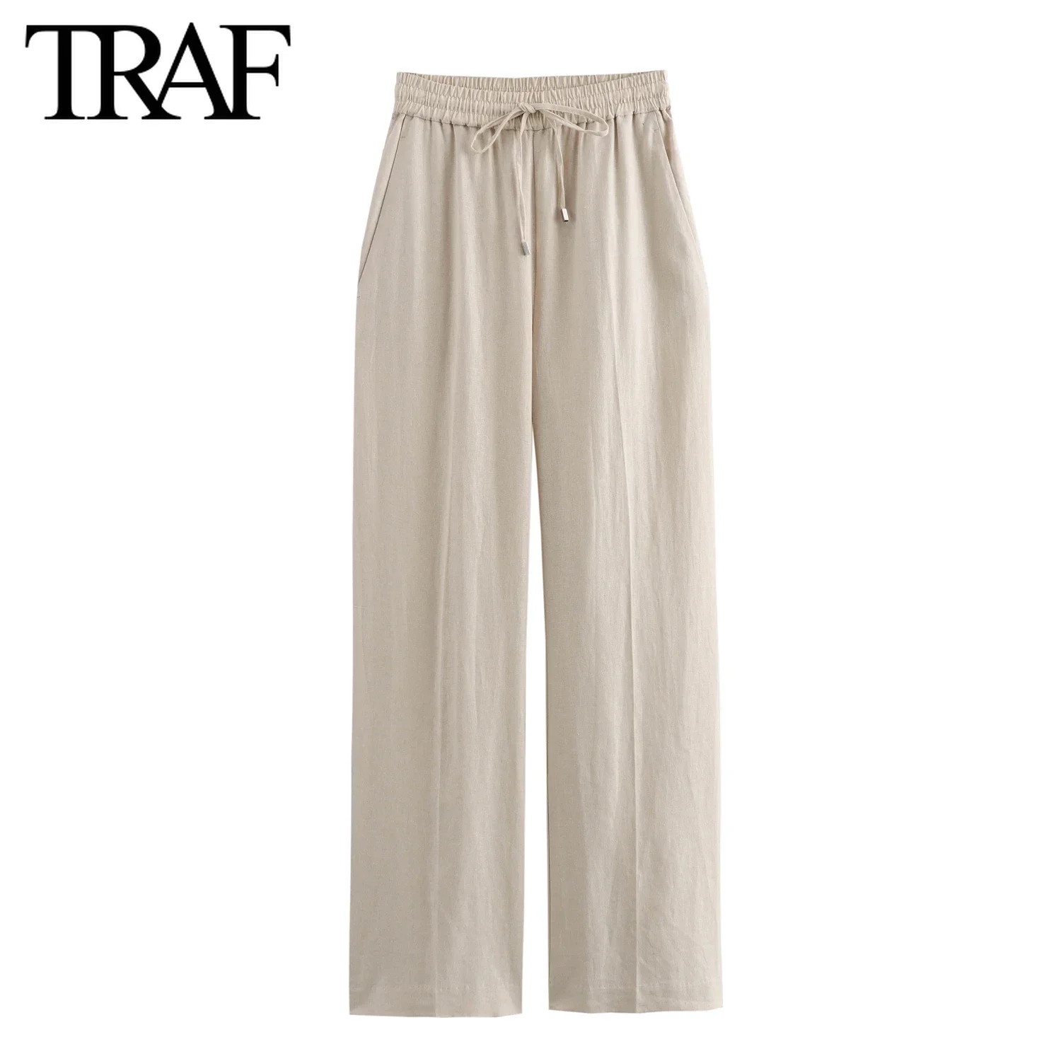 TRAF Women Fashion Spring Summer Lace-up Linen Blended Straight Pants Pocket Office Lady Chic High Waist Trousers Mujer