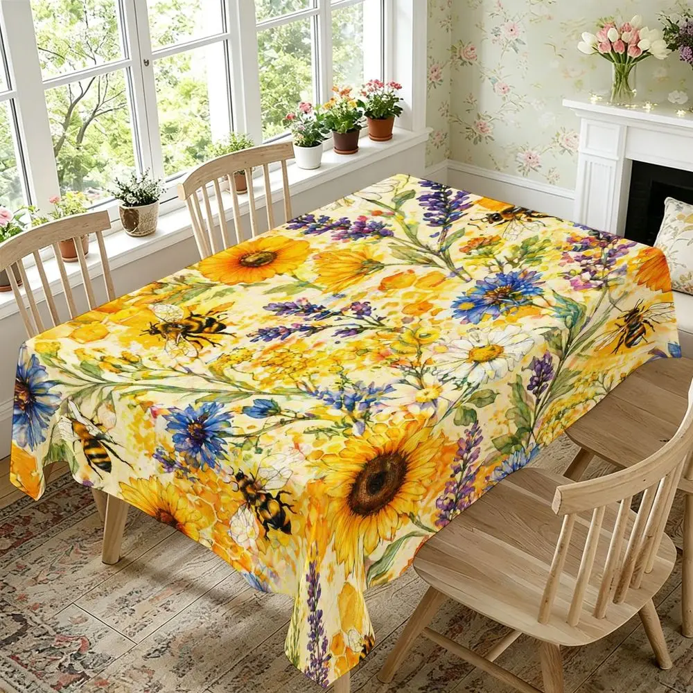 Sunflower And Lavender Floral Tablecloth, Rustic Farmhouse Style with Bee Print, Rectangular Table Cover for Kitchen, Dining Room, Spring Summer Decor, Washable