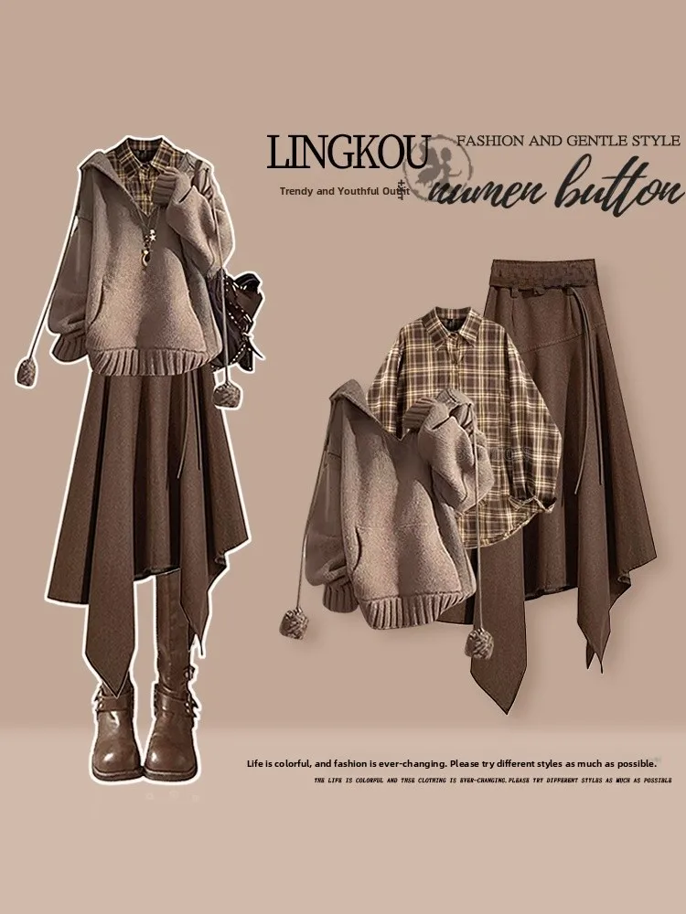 

Ele Autumnal Women's Outfit with Hoodie Thermal irt And Vintage Skirt Tee-Piece Set High Waist And Loose Fit