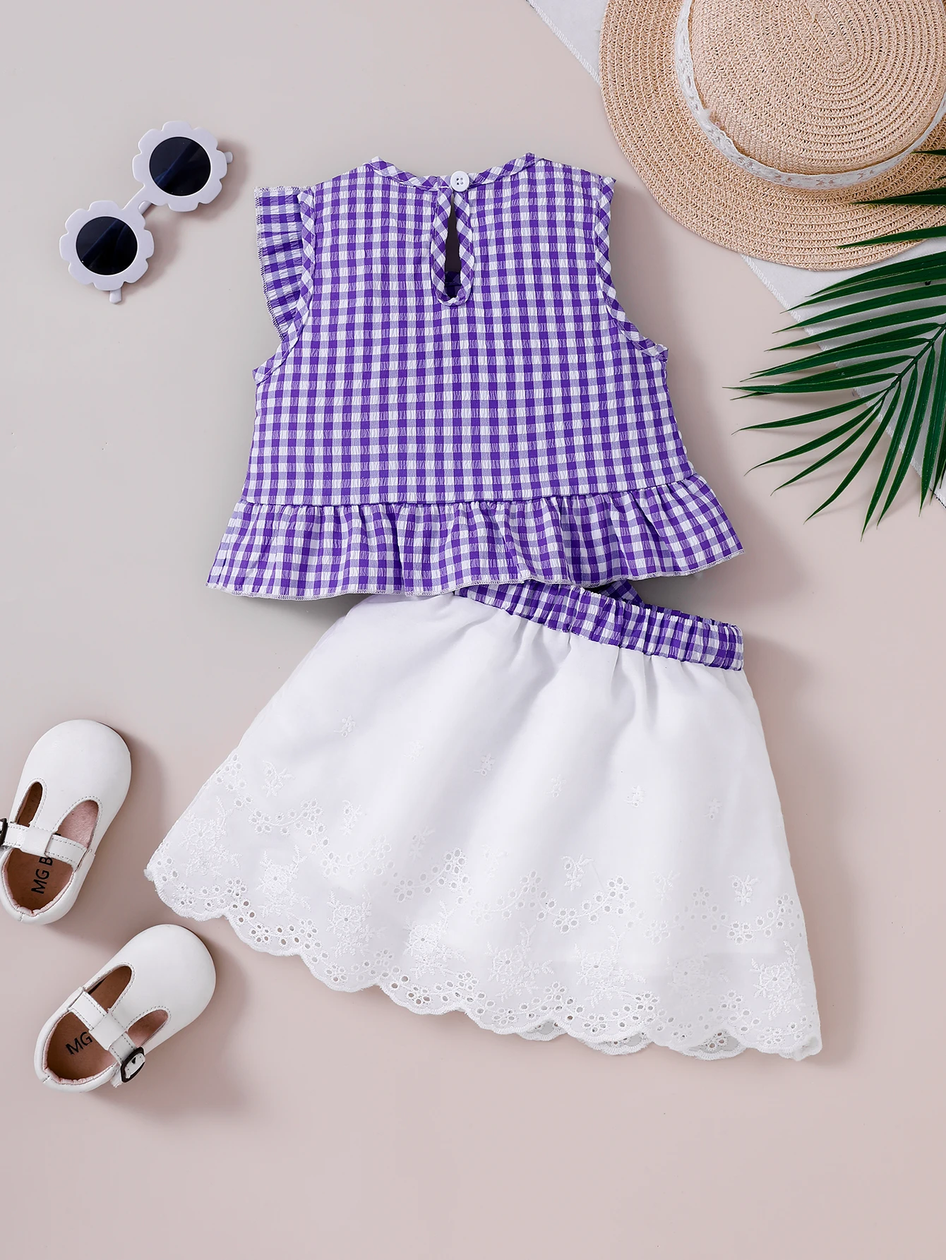 Summer New Arrival Baby Girl Plaid Lace Skirt Set Cute Infant Outfit in Purple Color
