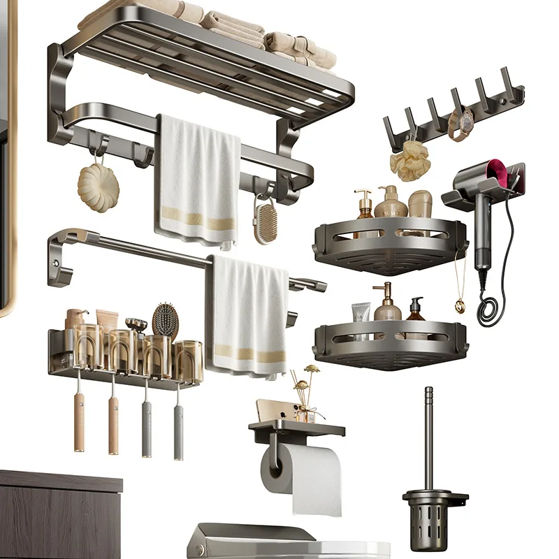 

Towel rack towel rack gun gray light luxury set bathroom towel bar