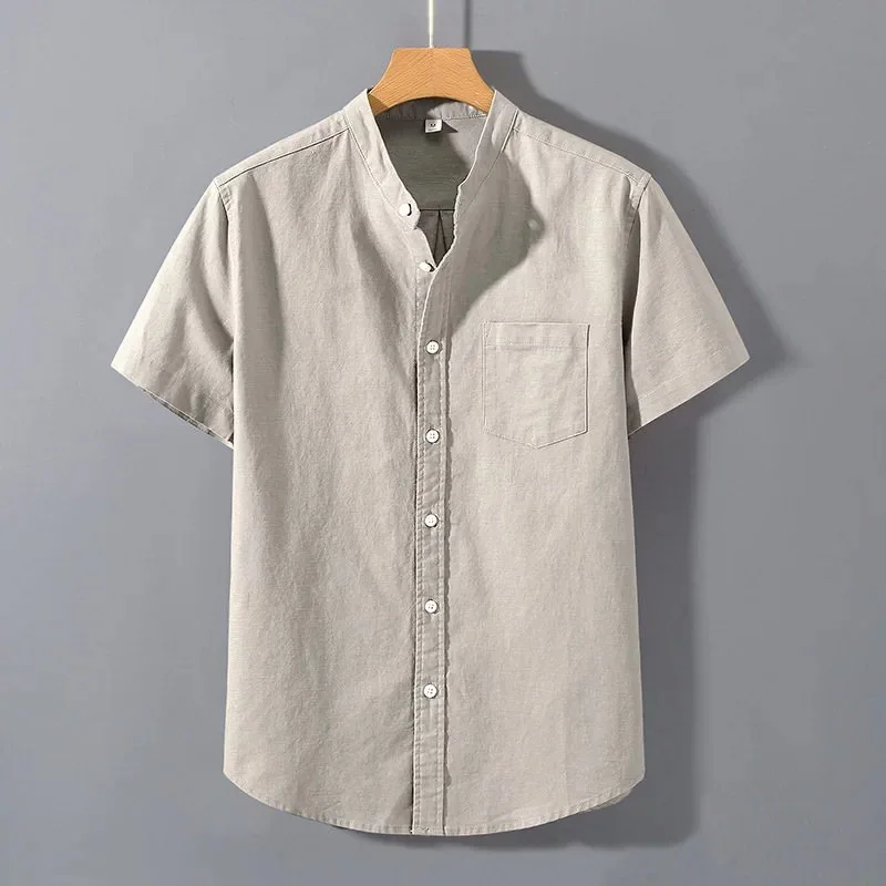 

Lightweight Summer Linen Cotton Casual Shirt Men's Loose Breathable Pure Color Chinese Collar National Style Shirt Short Sleeve