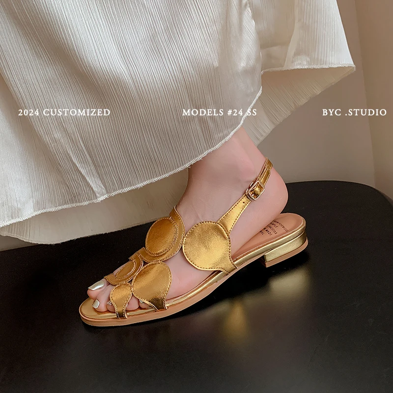 Golden Shoes Woman Summer Sandals Cow Leather Elegant Beige Footwear Modern Girls Sandals With Buckle On Flat Heel