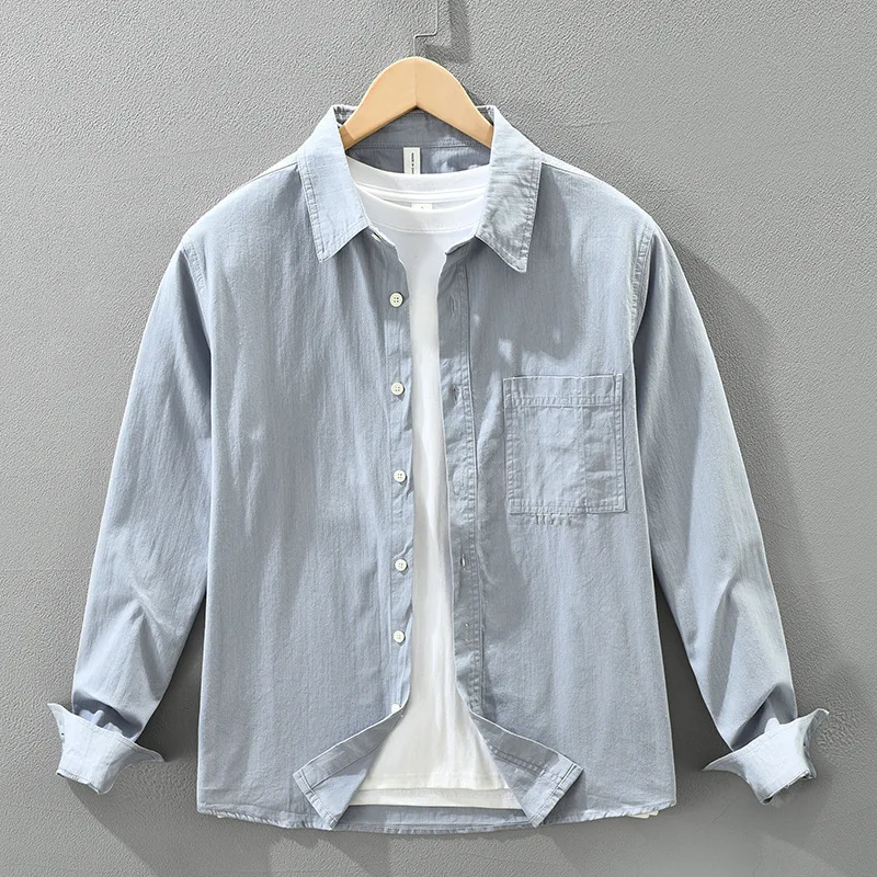 

High Quality 100% Cotton Japanese-style Solid Color Fresh Long Sleeve Shirt for Men Fashion Versatile Literary Casual Loose Top