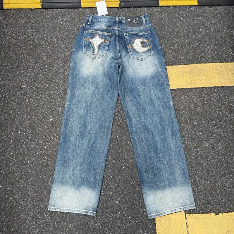 Thug Club Moon Star Embroidery Leater Label Jeans Men Women High Quality Loose Straight Washed Distressed Casual Pants Trousers