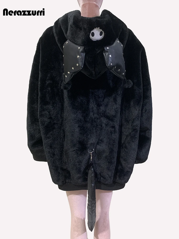 Nerazzurri Winter Cool Thick Warm Soft Black Faux Fur Coat Women Zipper Loose Fluffy Jacket Hoodie with Bear Ears and Tail 2024