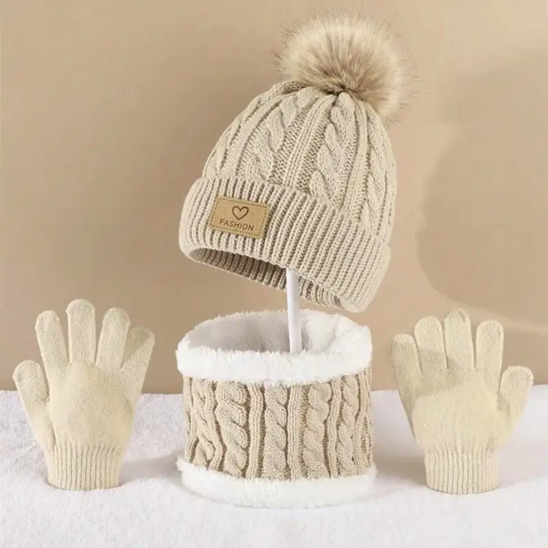 Toddler Kids Pom Pom Decor Beanie & Infinity Scarf & Gloves Boys Girls Winter Warm Suit