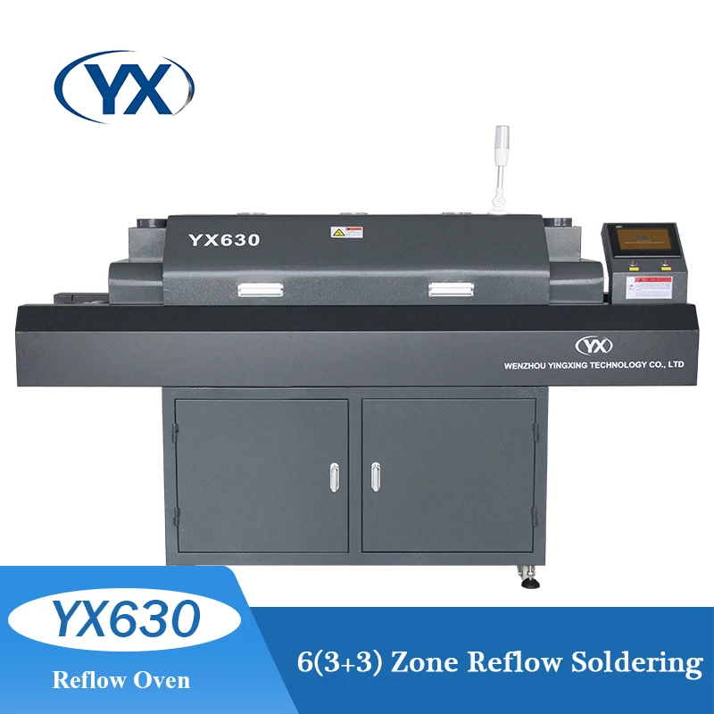 

Stock in EU YX630 6Temperature Zone High Efficiency Buit-in Analog Speed Governor Reflow Soldering Oven for SMT Production Line