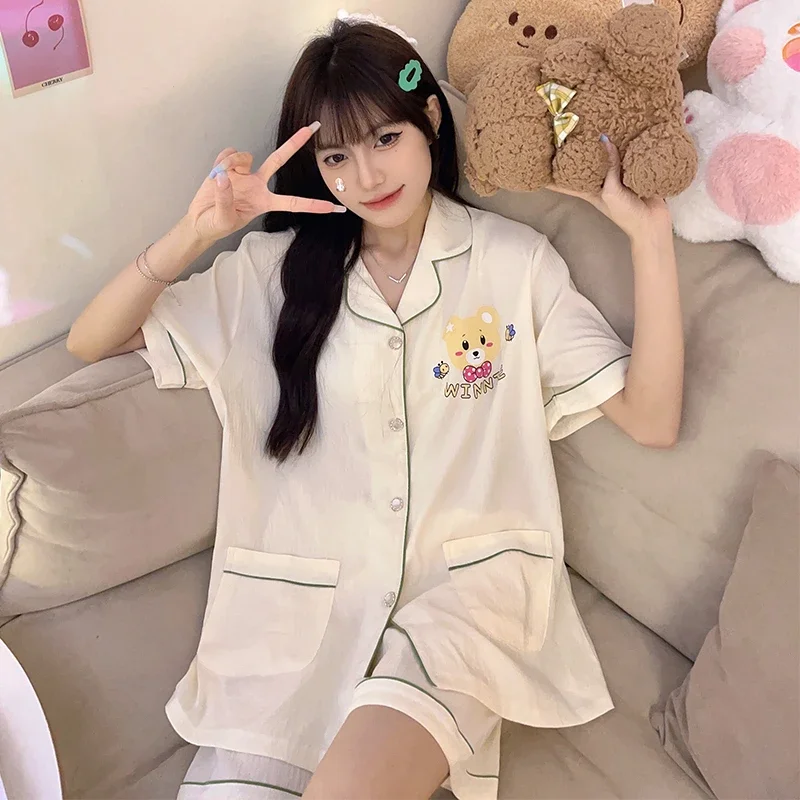 

Korean Pajamas Set for Women Summer Loungewear Sleepwear Girls Sweet Bear Print Lapel Pyjama Girl Pijamas Home Suit Clothes