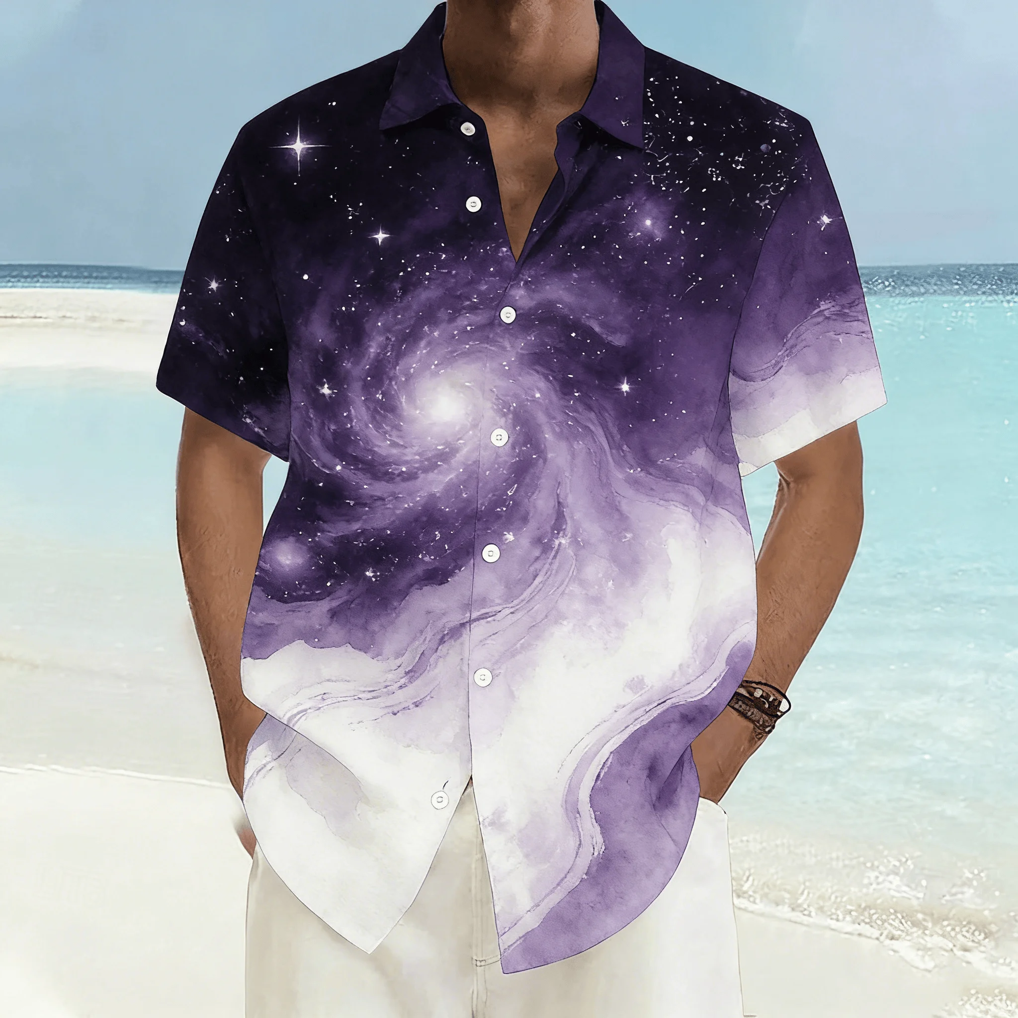 

Men's Galaxy Watercolor Print Short Sleeve Shirt, Cosmic Swirl Pattern Button Down for Spring Summer Casual