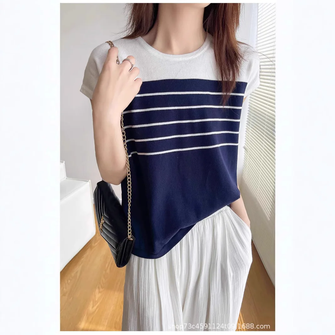 ファッショナブルで西洋スタイル〜ストライプニットシャツテクスチャカラーブロックラウンドネックルーズタンクトップ女性用