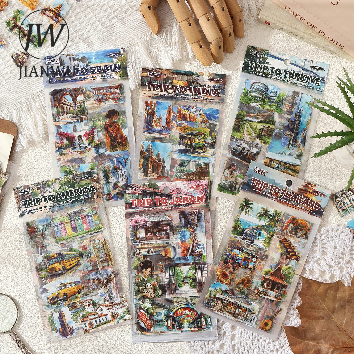 JIANWU Voyage of Nations Series Vintage Travel Character Landscape Material Collage PET Sticker Creative Journal Stationery
