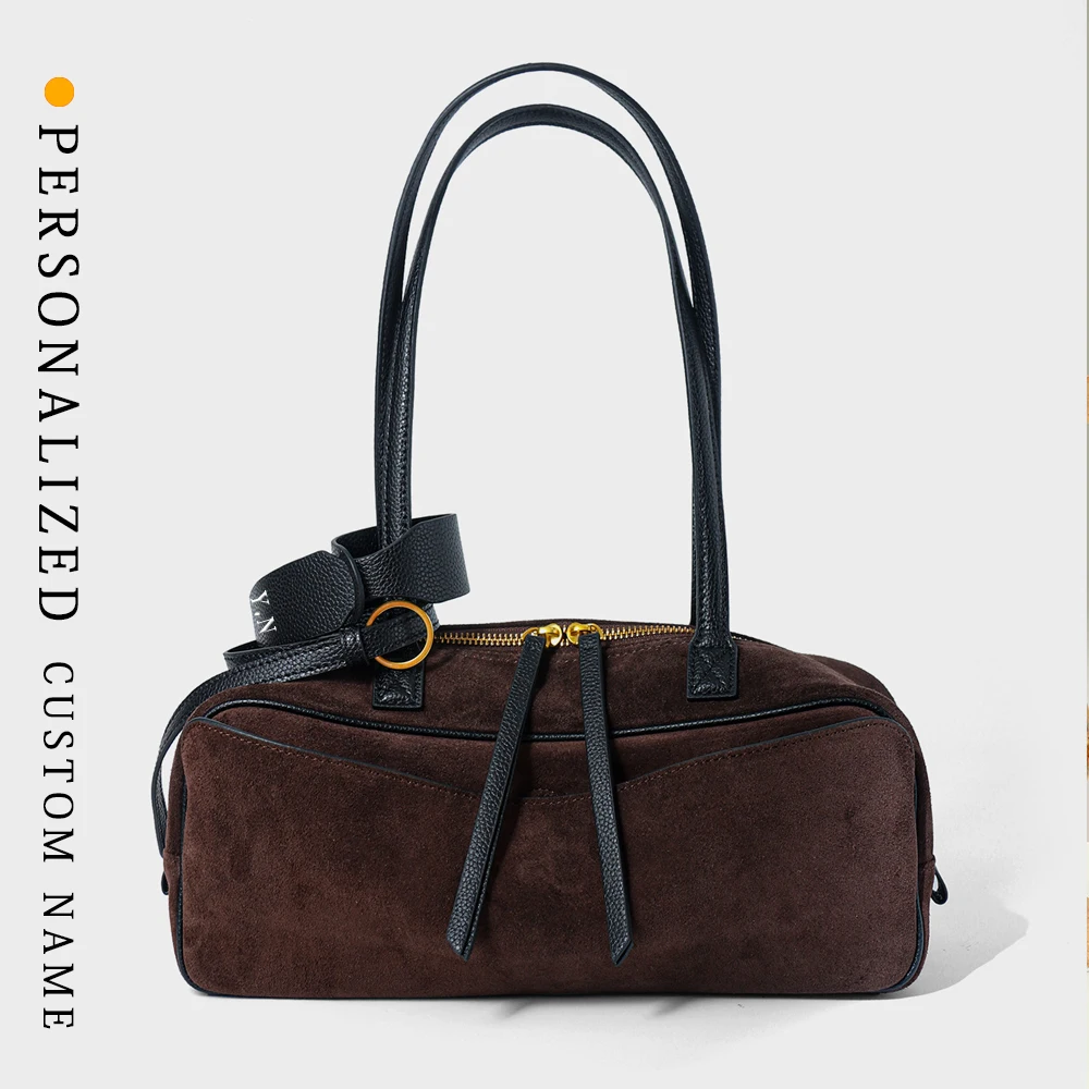 

Niche frosted cowhide bowling bag commuting large capacity Boston leather hand-held shoulder bag free hot stamping letters