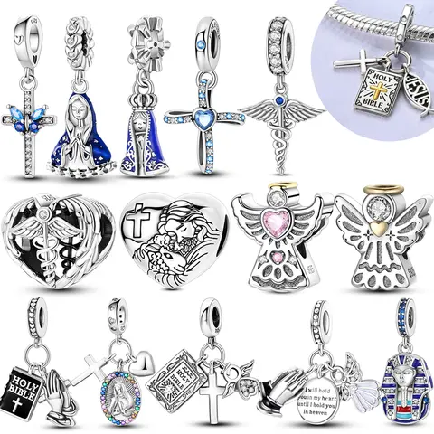 New In 925 Sterling Silver Cross Angel Holy Mother Pendant Charms Jewellery Fit Original 925 Bracelet For Women DIY Gift