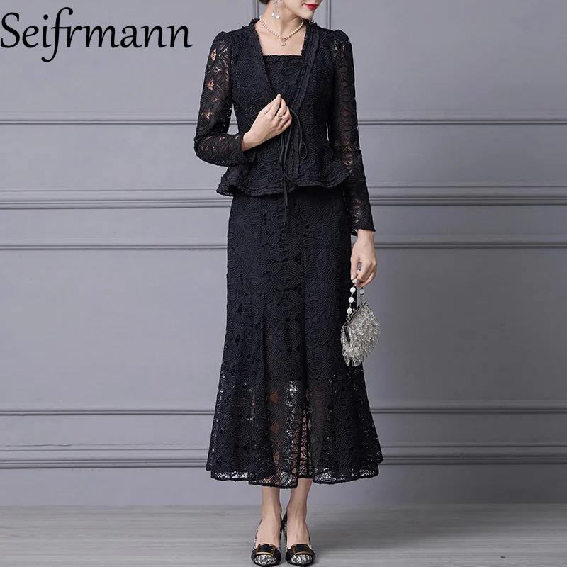Seifrmann Fashion Women's Suit Long Sleeved Lace-up coat+Spaghetti Strap Backless High Waist Dresses Lace Hollow Out 2-piece set