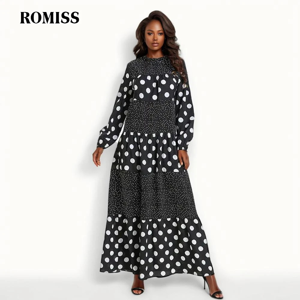 ROMISS Hit Color Dot Printing Elegant Dress For Women Round Neck Long Sleeve High Waist Temperament Dresses Female Fashion Style