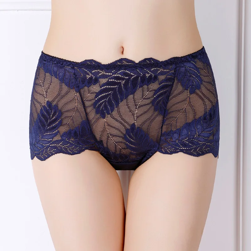 High Waist Large Size Fat Version Sexy Hollow Lace Panties Comfortable Soft Cotton Crotch Lining Women's Briefs