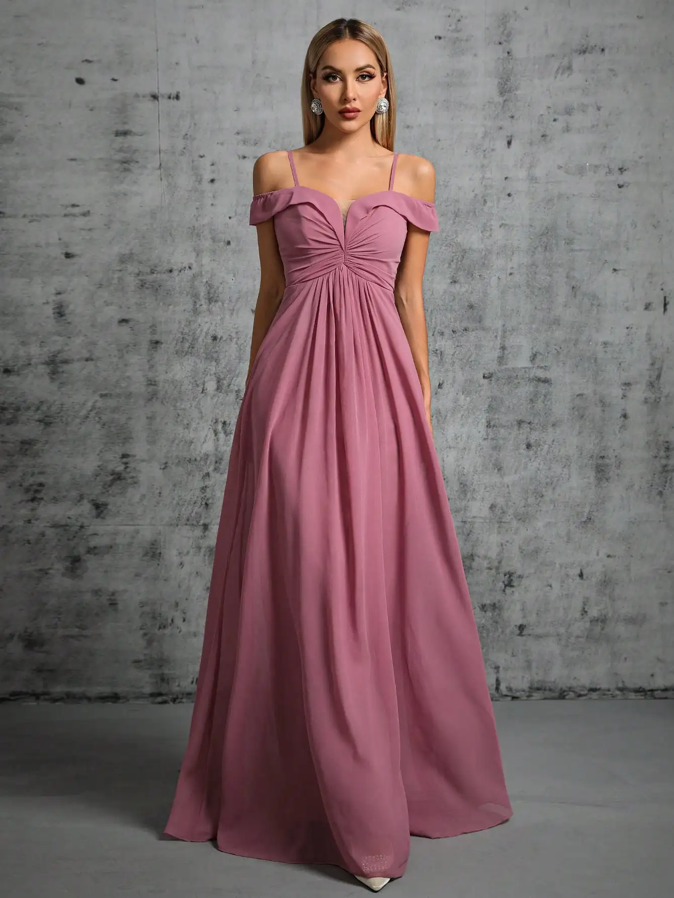 Mgiacy One-shoulder V-neck pleated chiffon long dress Evening Ball dress Party dress Bridesmaid dress