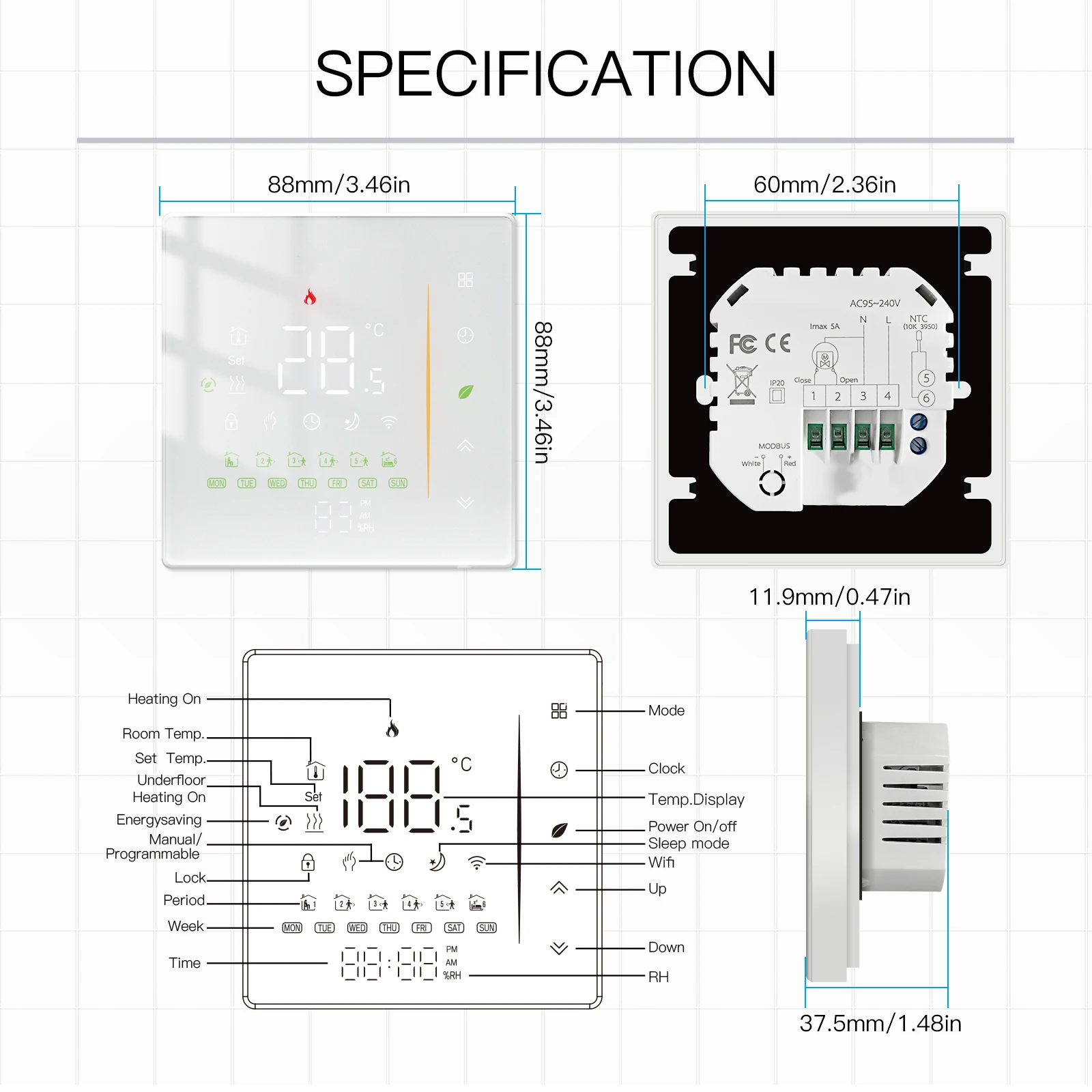 Zigbee-サーモスタット,水/電気床暖房,Alex5a16aで動作するサーモスタット